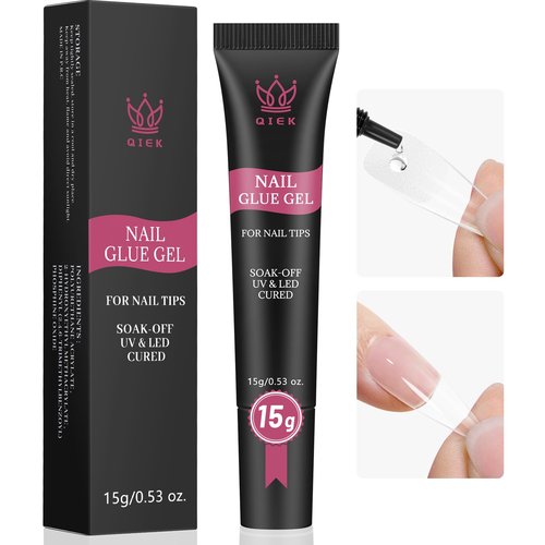Qiek Nail Tips Gel Glue 15g - Lamp Curing Solid Nail Glue for False Acrylic Nails, Crystal Clear Long Lasting 28 Days No Yellowing Salon Quality DIY Home Manicure Beginner-Friendly