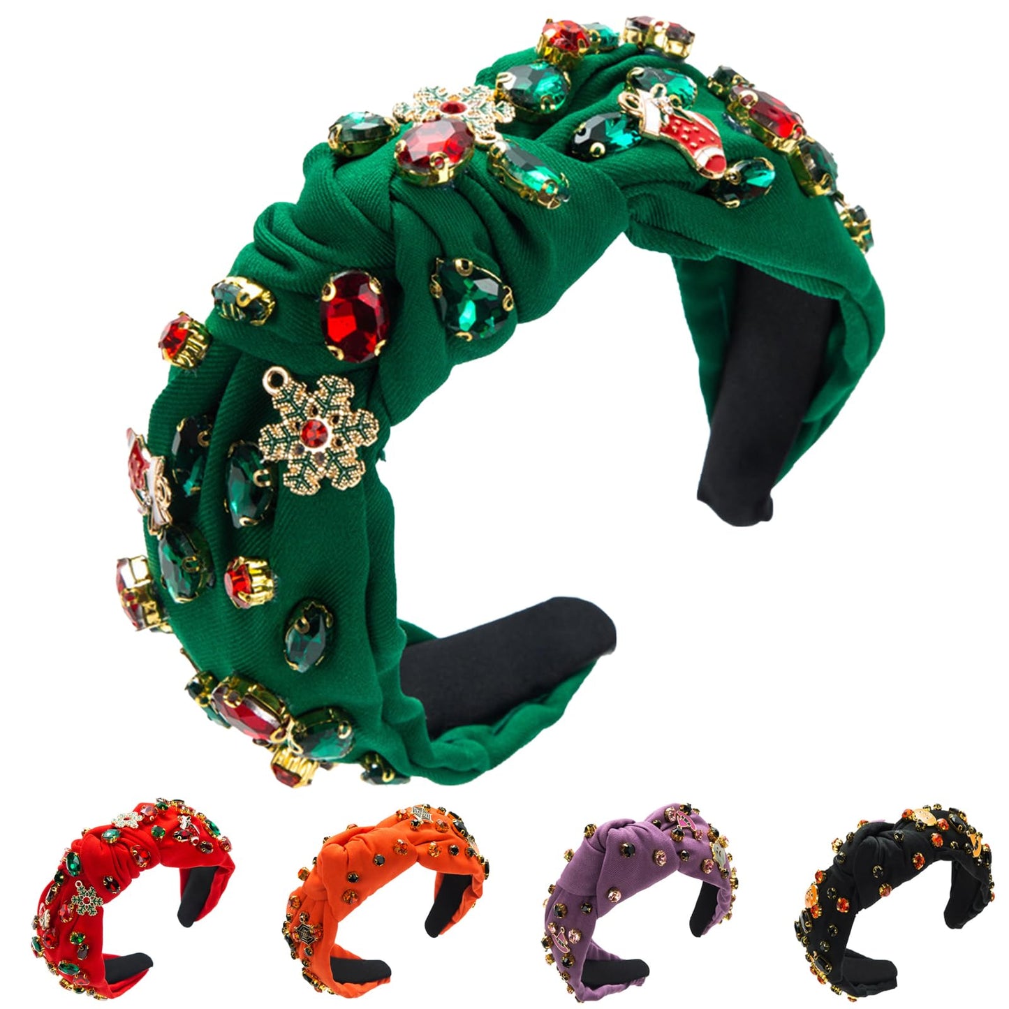 Christmas Rhinestone Headband Crystal Knotted Beaded Jeweled Headbands for Women Girls Xmas Tree Socks Top Hairband Wide Hair Band Christmas Costume Hair Accessories