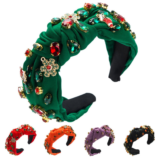 Christmas Rhinestone Headband Crystal Knotted Beaded Jeweled Headbands for Women Girls Xmas Tree Socks Top Hairband Wide Hair Band Christmas Costume Hair Accessories