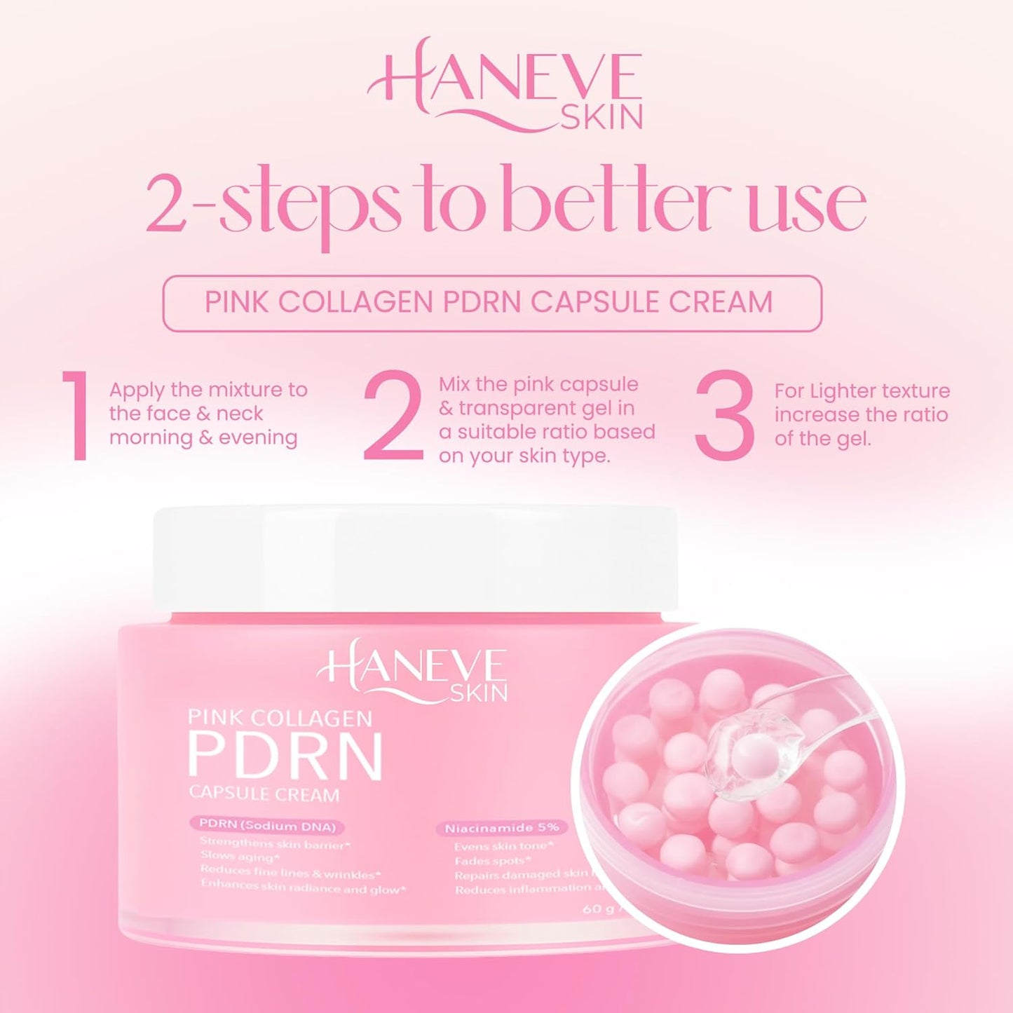 Skiennix Pink Collagen PDRN Capsule Cream - Hydrating Face Moisturizer with Niacinamide & Collagen Capsules - 60g / 2 oz