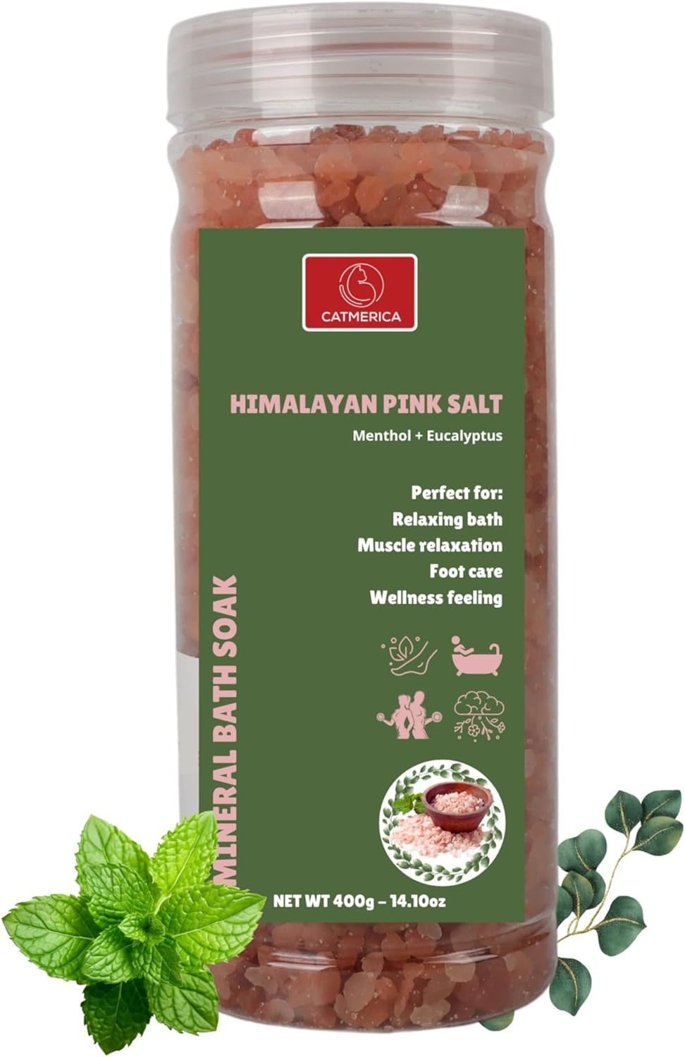 CATMERICA Pink Himalayan Bath Salt - Eucalyptus & Mint Scent for Aromatherapy & Relaxation | Wellness & Muscle Recovery
