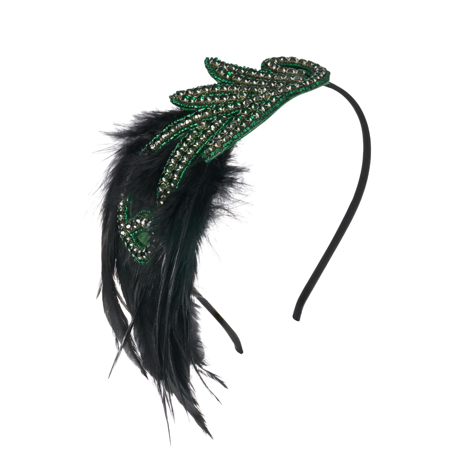 SWEETV 1920s Flapper Headband Vintage Roaring 20s Great Gatsby Feather Headpiece Hair Accessories for Women(Green)