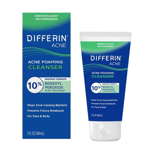 Differin Acne Face Wash - Maximum Strength 10% Benzoyl Peroxide Foaming Cleanser | 5 oz Fast-Acting Treatment