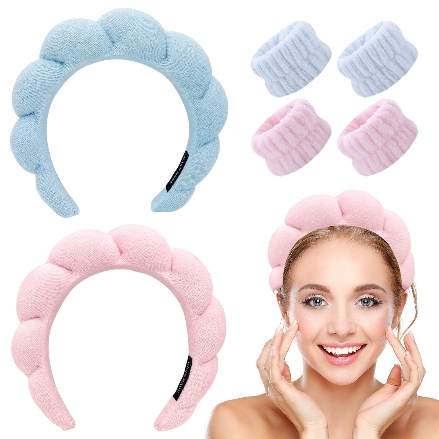 2Pack Spa Headband for Women, Mimi and Co Spa Headband, Makeup Headband Sponge & Terry Towel Cloth Fabric Hair Band for Washing Face, Skincare, Makeup Removal, Hair Accessories