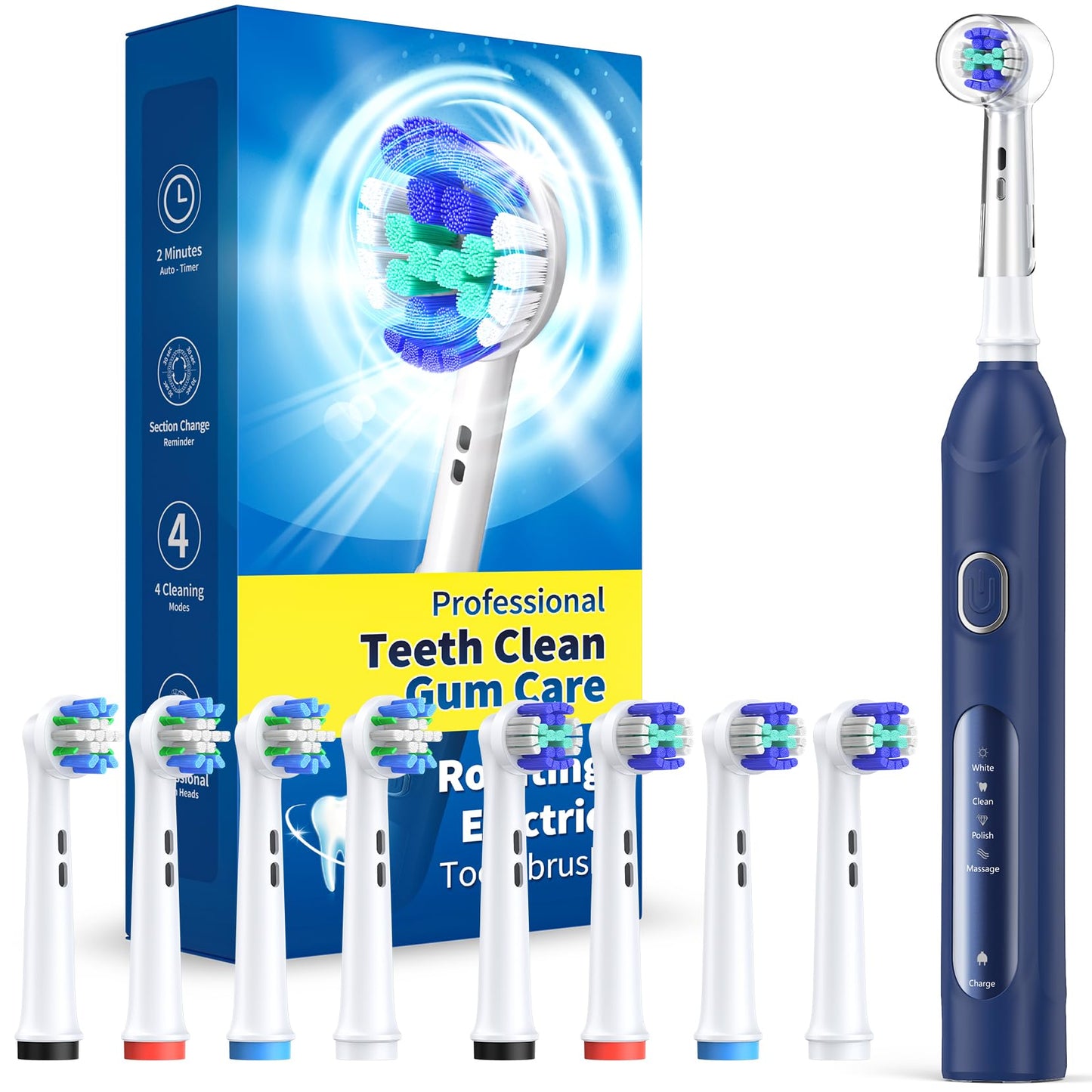 TEETHEORY Rotating Electric Toothbrush for Adults with 8 Brush Heads (2 Types), 4 Modes Deep Clean Electric Toothbrush with Rechargeable Power and 2 Min Smart Timer
