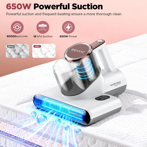 DEVINC Mattress Vacuum Cleaner - 16Kpa 650W Handheld Bed Cleaner with UV-C Light & HEPA Filter | Beige