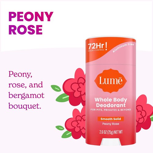 Lume Whole Body Deodorant - 72-Hour Odor Control - Aluminum & Baking Soda Free - 2.6 oz (Pack of 2) | Peony Rose