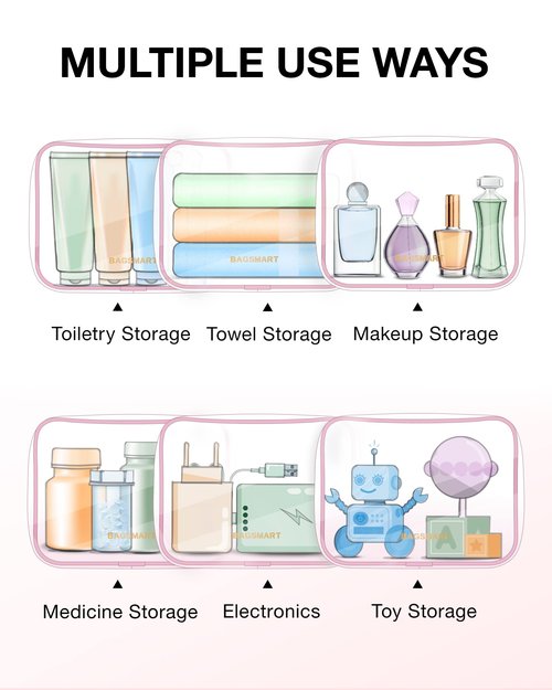 BAGSMART Clear Toiletry Bag, 3 Packs TSA Approved Water-resistant Quart Size Travel Organizer, Airport Airline Travel Essential Carry-On Makeup Cosmetic Bags for Women, Pink