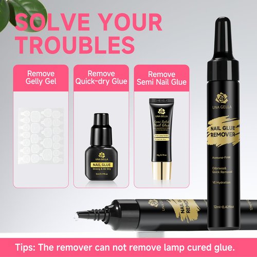 UNA GELLA Quick Removal Gel Nail Glue Remover for Press On Nails: 12ml*2pcs Acrylic Nails Semi Solid Nail Glue Acetone-Free, Not for Gel Polish Base Coat Soak Off Remover Kit Drip Use