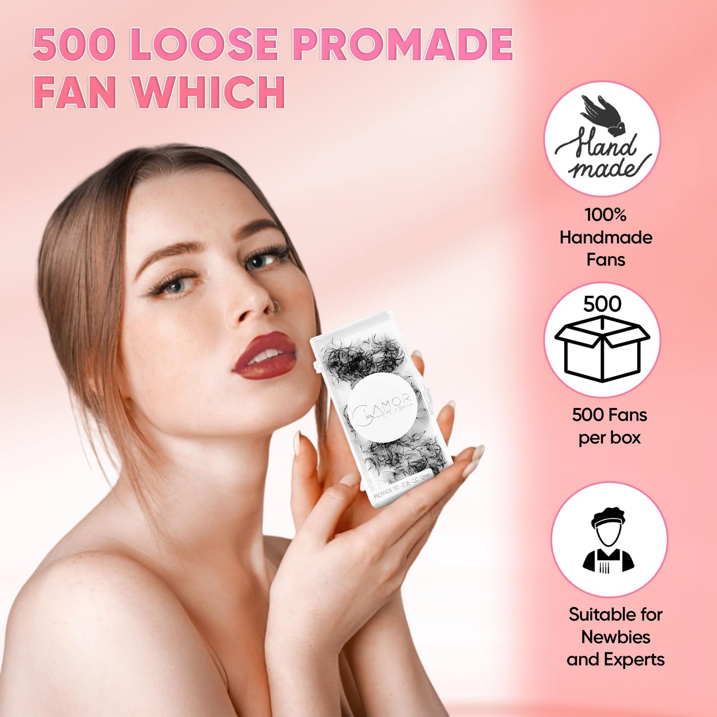 GLAMOREYELASH 500 Promade Volume Fans Loose Eyelash Extension, Handmade Individual Lashes Loose Fan 3D-16D, 0.03/0.05/0.07mm Thickness, C CC D Curl for Mink Lashes, 8-16mm Length (6D-0.07-CC, 14mm)