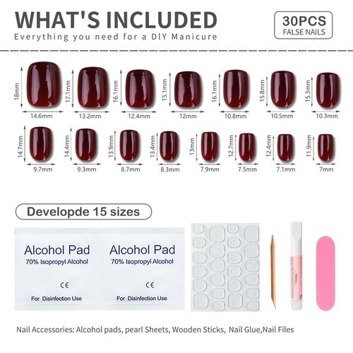 Mivota Burgundy Press On Nails Short Square Shape, Glossy Gel Finish Acrylic Fake Nails Kit, Reusable Glue On Nails, Long-Lasting, Natural Stick-On Manicure Set for Women, 24pcs DIY Elegant Nails