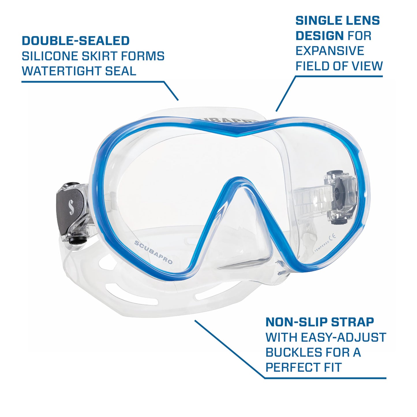 SCUBAPRO Solo Scuba Mask with Panoramic Single Lens for Recreational Diving, Clear/Blue