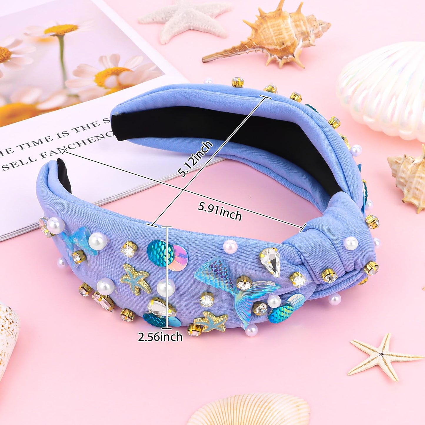 BAHABY Mermaid Blue Headband, Knotted Headband for Women, Mermaid Tail Rhinestones Pearl Starfish Decor, Mermaid Birthday Decorations, Gifts for Teen Girls