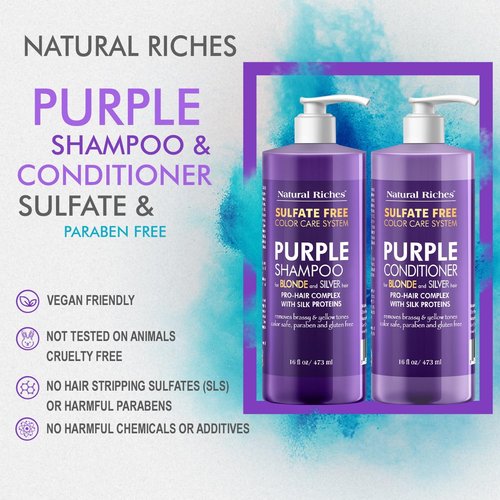 Natural Riches Purple Shampoo & Conditioner Set - Sulfate-Free, Color-Safe for Blonde, Silver & Gray Hair | 16 fl oz Each