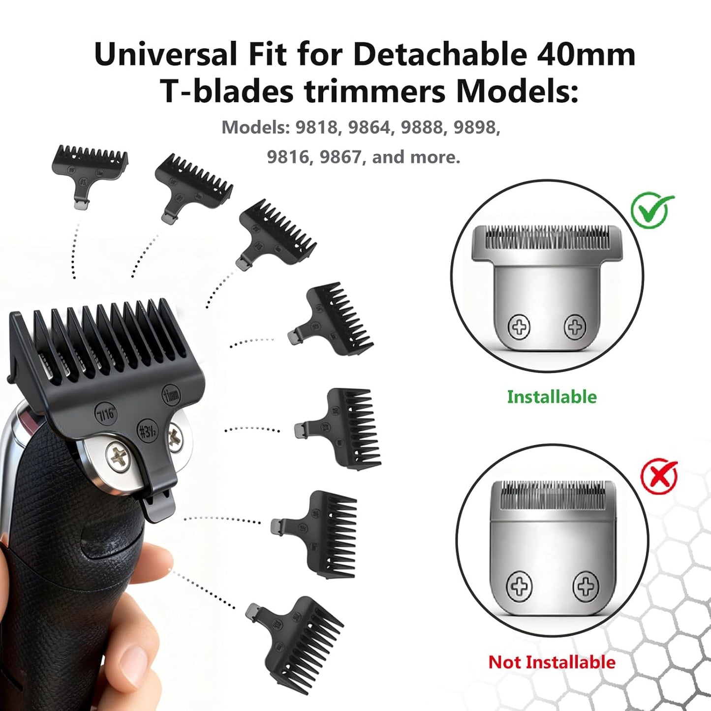Wahl Beard Trimmer Guide Comb Set - 8 Full-Size Attachment Guards (1/16" to 1/2") for Precision Grooming