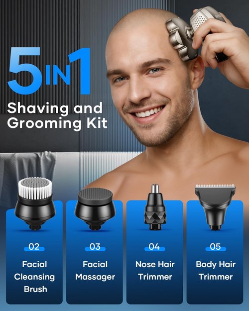 7D Head Shaver - 5-in-1 Magnetic Detachable Electric Razor for Bald Men | IPX7 Waterproof, LED Display