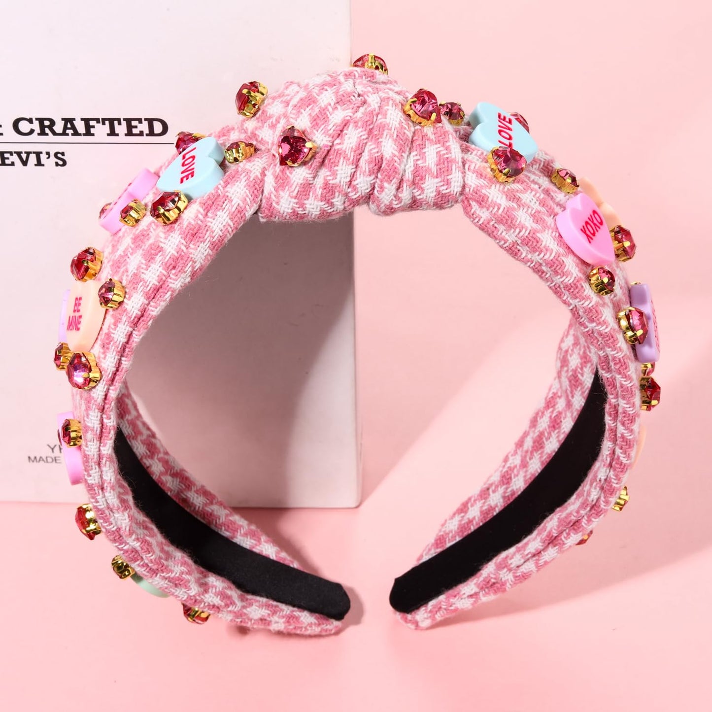 Valentine’s Day Heart Headbands for Women Valentine’s Day Accessories Jeweled Beaded Heart Knotted Headband Pink Red Rhinestone Wide Top Knot Headband Valentine Party Favors Gifts (Valentine's 9)