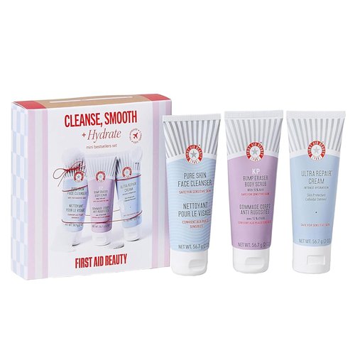 First Aid Beauty Cleanse, Smooth + Hydrate Kit - Travel-Friendly Skin Care Gift Set with Facial Cleanser, KP Body Scrub & Ultra Repair Cream