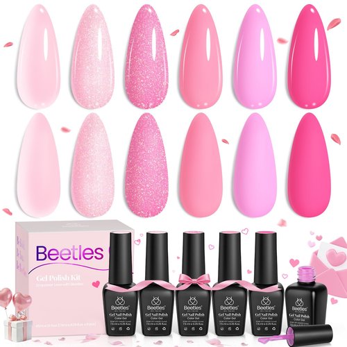 Beetles Pink Gel Nail Polish Set - 6 Colors Hot Pink Glitter Bright Jelly Gel Polish Soak off Uv LED Cured Nail Art Design Salon Home DIY Manicure Spring Easter Gifts for Women