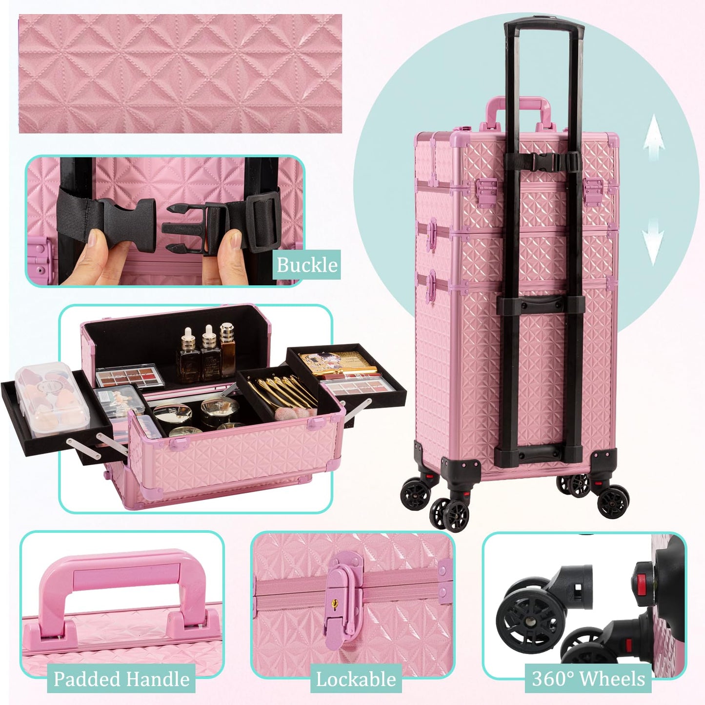 JINGUAN 3 in 1 Rolling Makeup Train Case, Multi-functional Cosmetic Trolley with 360° Swivel Wheels Keys, Large Storage Traveling Cart Trunk for Nail Technicians Hairstylist, Pink
