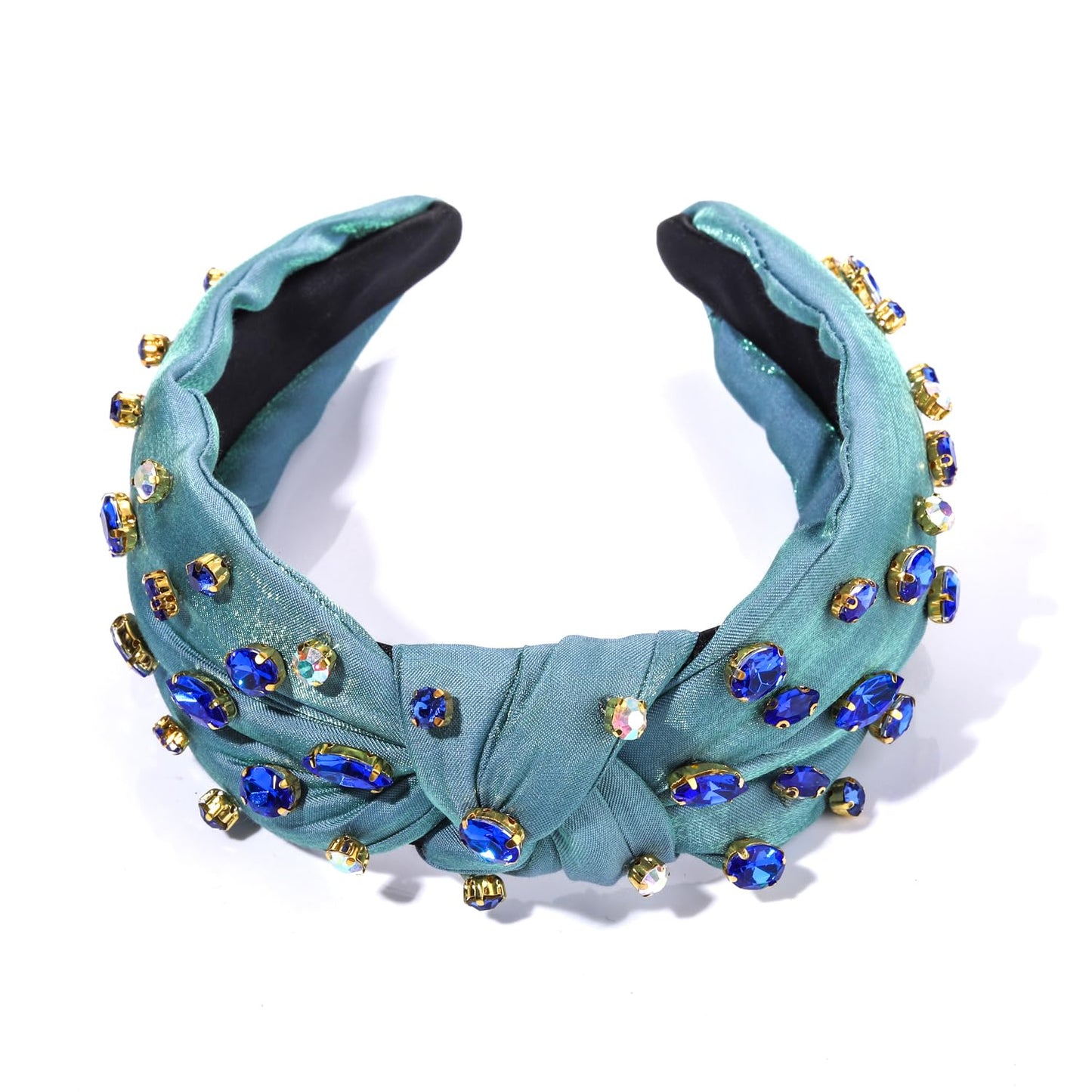 Crystal Velvet Headband Cross Knotted Turban Headdress Colorful rhinestone Statement Wide Hair Band Hoop Accessories For Women Girls (Blue B237)