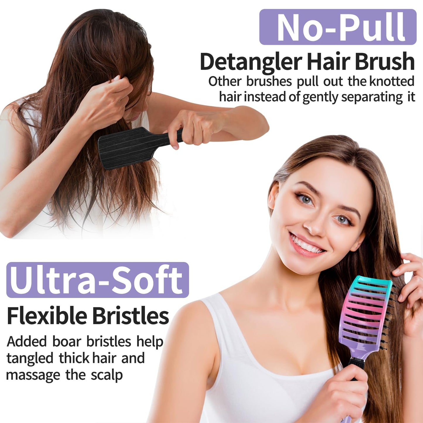 Hair Brushes for Women 2 Pack, HIPPIH Detangler Hair brush for Adult & Kids’ Wet or Dry Hair, Boar Bristle Hair Brush Getting Knots Out without Pain Adds Shine and Makes Hair Smooth