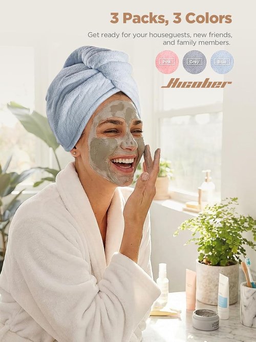 Hicober Microfiber Hair Towel Wrap - Fast Drying, Soft & Lightweight Turban for Curly Hair | 3 Pack (Blue/Grey/Pink)