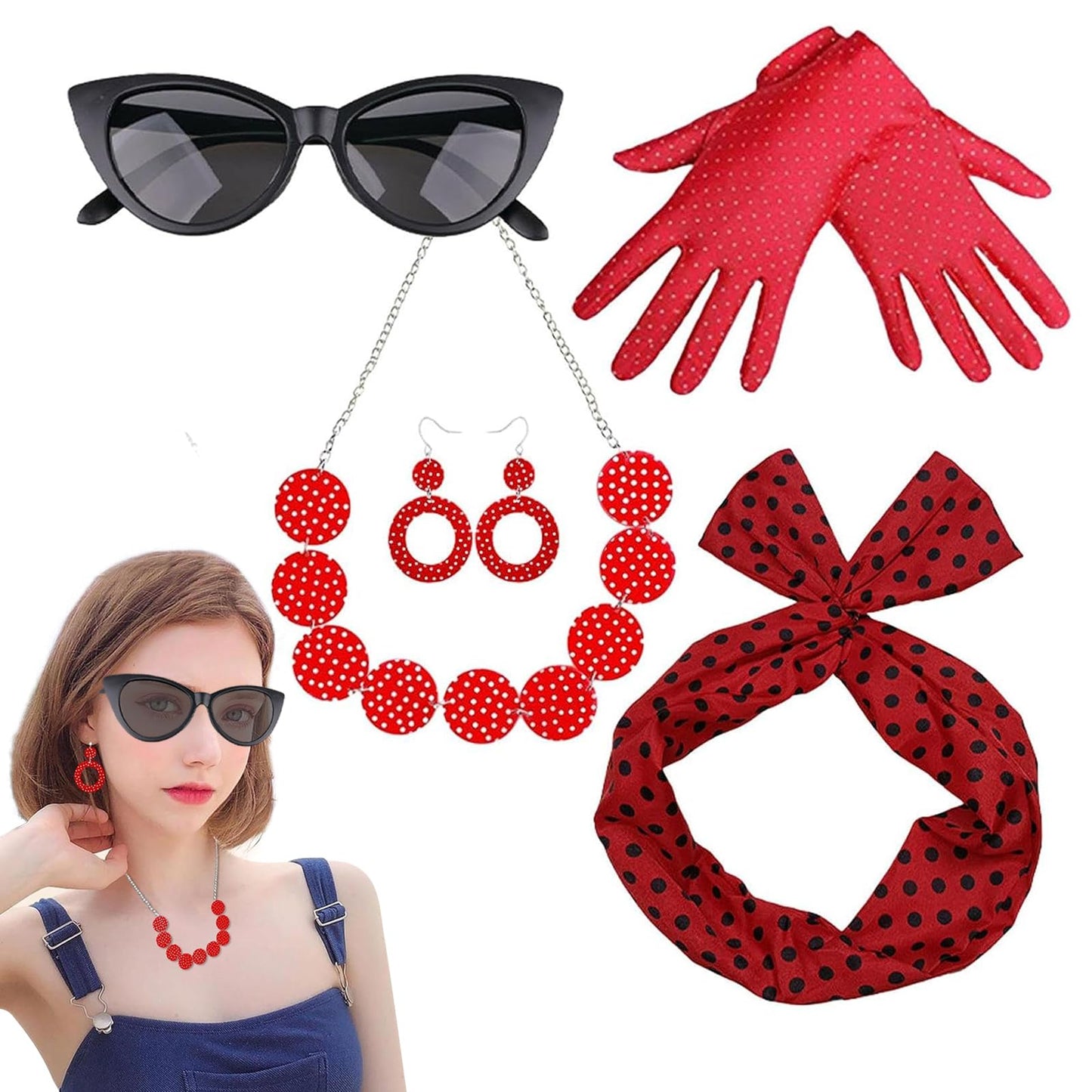 BXT 1950s Women Costume Accessory Set - 50s Vintage Polka Dot Jewelry, Gloves, Hairband, Scarf, Glasses for Halloween