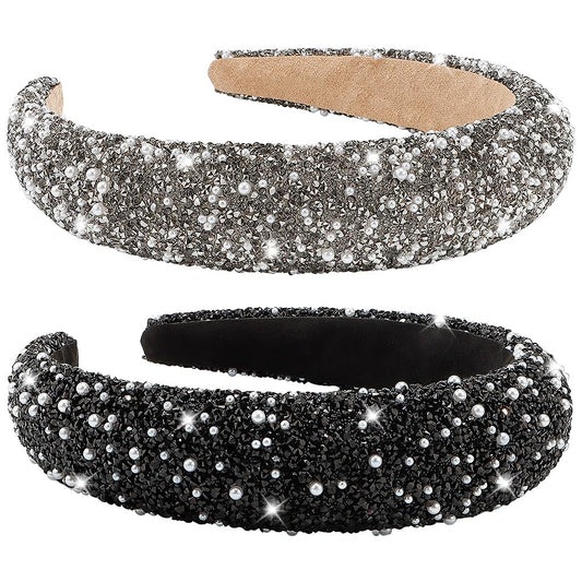 AHONEY 2 Pack Rhinestone Headband Women Girls Thick Padded Headband, Sequin Beaded Pearls Head Band Glitter Cute Headband Birthday Prom Hair Accessories For Women Girls (Black&Grey)