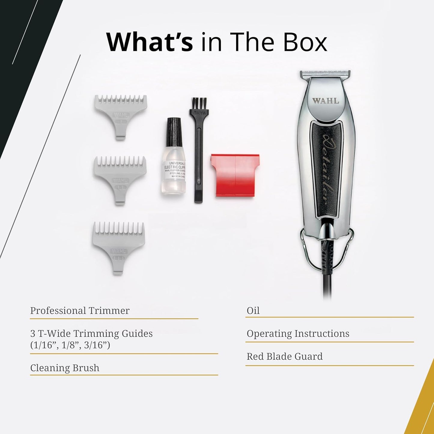 Wahl Professional Detailer Trimmer - Black Adjustable T-Blade with Accessories & Guides