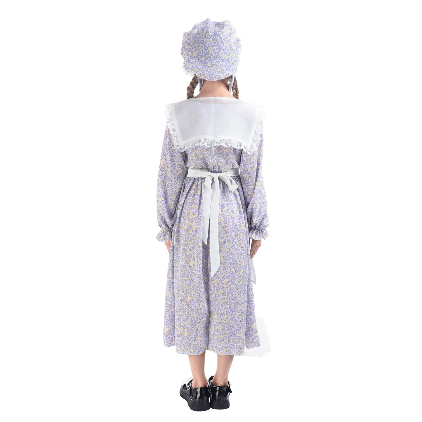 LTAKK Prairie Dresses Girls Pioneer Colonial Costume Girl Pilgrim Dress with Shawl, Apron and Bonnet, Blueviolet, Large