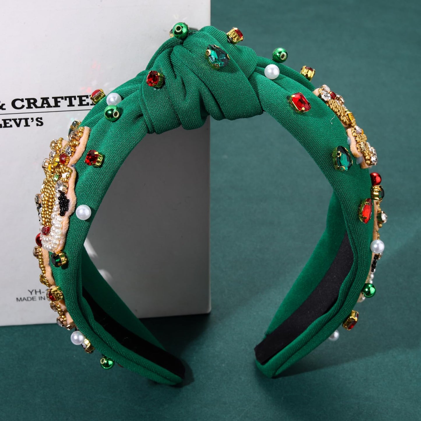 Christmas Headband for Women Beaded Christmas Tree Reindeer Snowflake Headband Jeweled Rhinestone Pearl Knotted Headband Christmas Holiday Hair Accessories Outfit Xmas Party Favor (Reindeer 1 - Green)