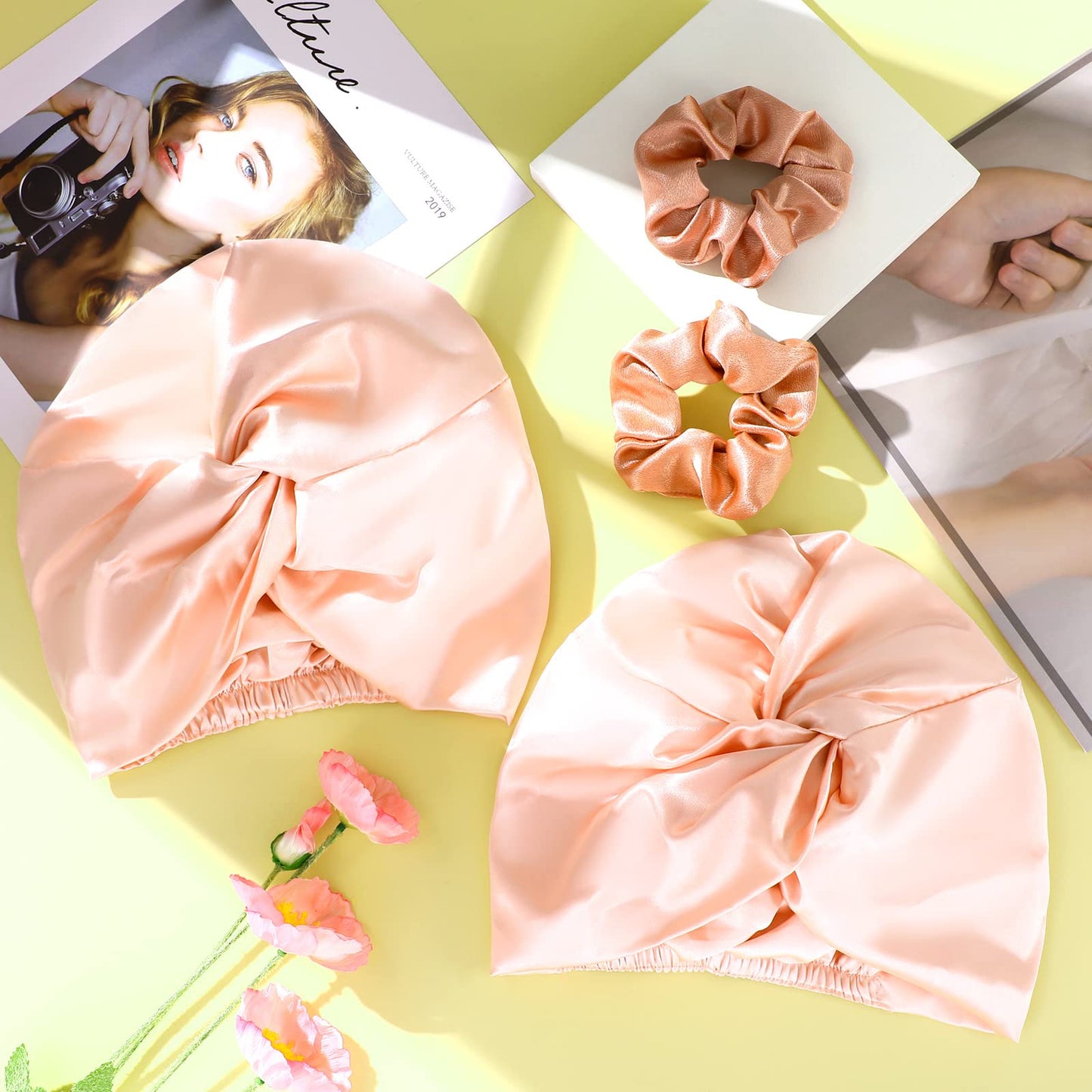 6 Pieces Silk Cap Silk Pillowcase Set, Silk Sleeping Bonnet Silk Hair Wrap Silk Pillow Cases Silk Hair Scrunchies Silk Hair Ties Elastic Silk Ponytail Holders for Women Girls (Rose Gold, Pink)