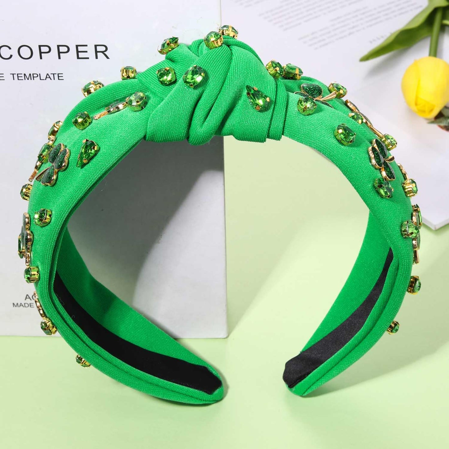 CEALXHENY Embellished Crystal Rhinestone Knotted Headband - Green Shamrock Irish Holiday Hair Accessories Outfit (Shamrock C)