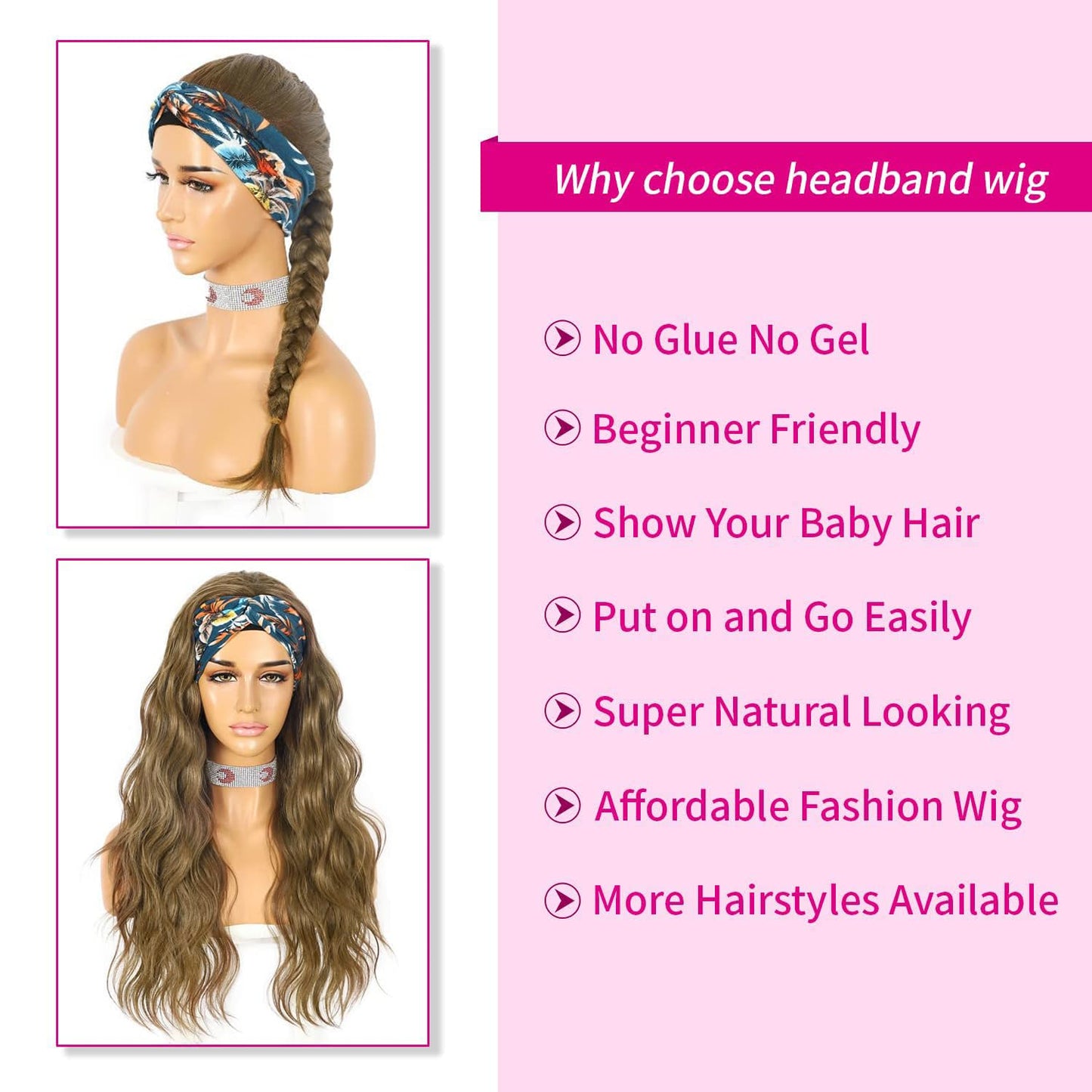 SAPPHIREWIGS Headband Wig Body Wave Long Wavy Brown Wig Headband Wigs for Black Women Natural Looking Glueless Synthetic No Lace Front Wig with Headbands Attached 26 Inch