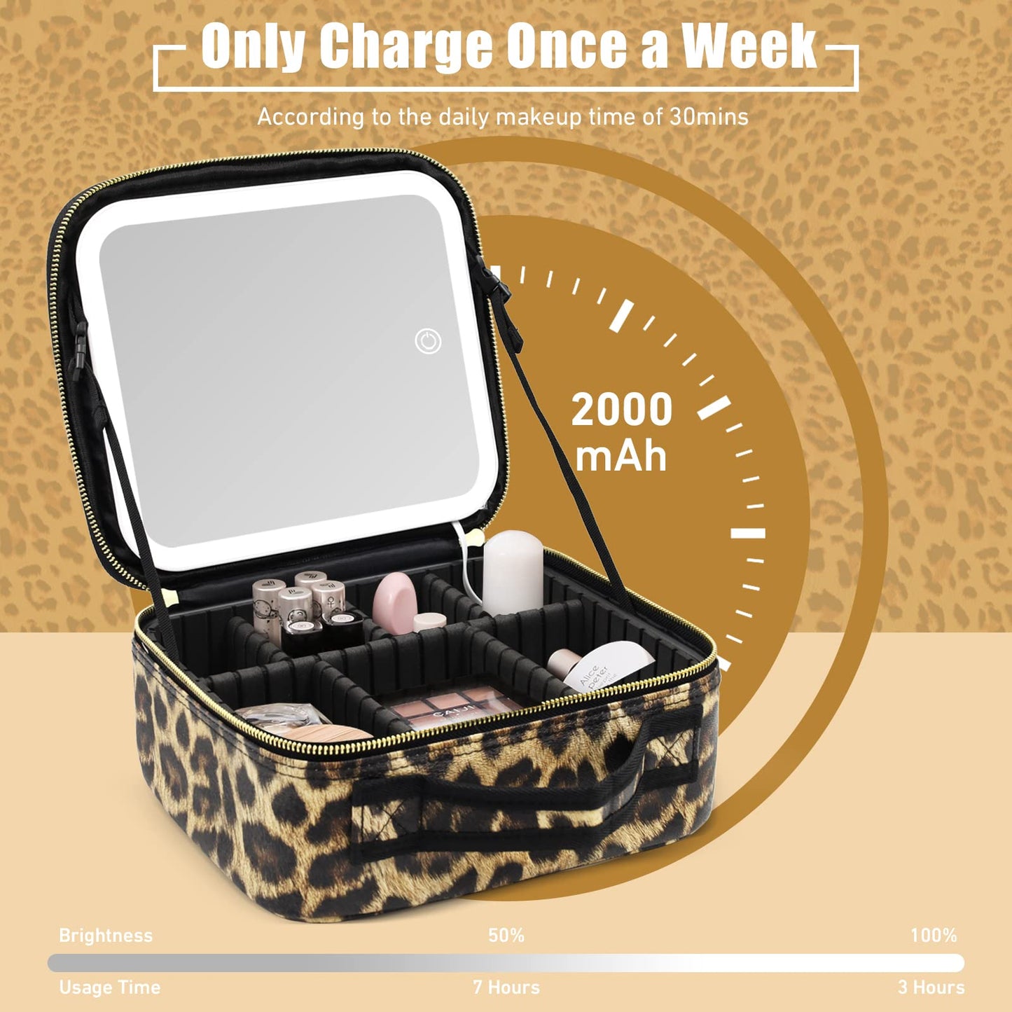 RRtide Makeup Bag with Light up Mirror, Travel Makeup Case with Mirror and Lights, Lighted Cosmetic Train Case with 3 Color Settings, Make up Organizer Bag with Adjustable Dividers Brush Board