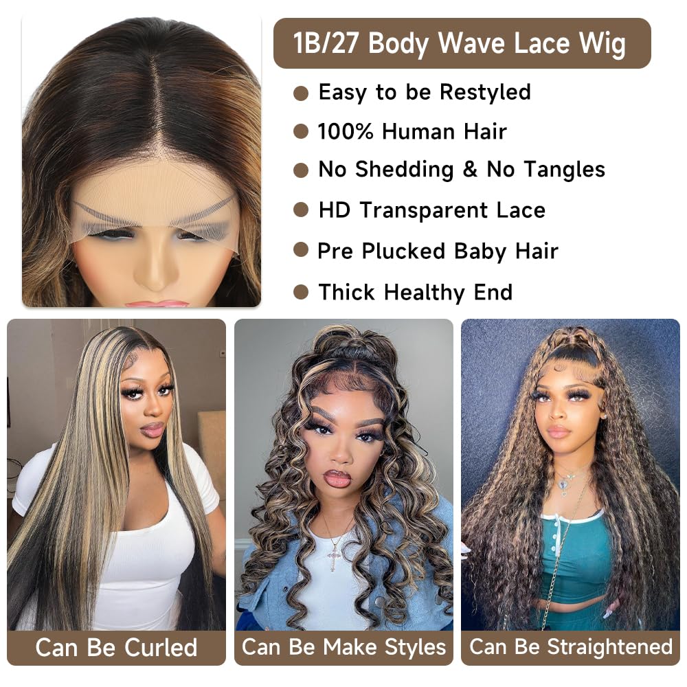 KeaBalo Ombre Lace Front Wig Human Hair Pre Plucked 13x4 Highlight Body Wave Lace Front Wigs Human Hair Hd Lace Frontal 1B/27 Colored Glueless Wigs Human Hair 180% Density 28 Inch
