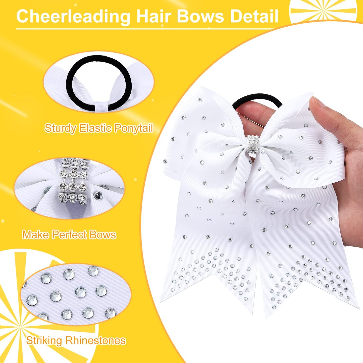 Juexica 12 Pieces Jumbo Christmas Cheerleader Bows with Rhinestones Sequins, 7 Inch Large Ponytail Holder Cheer Hair Bows for Teen Girls Softball Cheerleader Sports (White, Rhinestone)