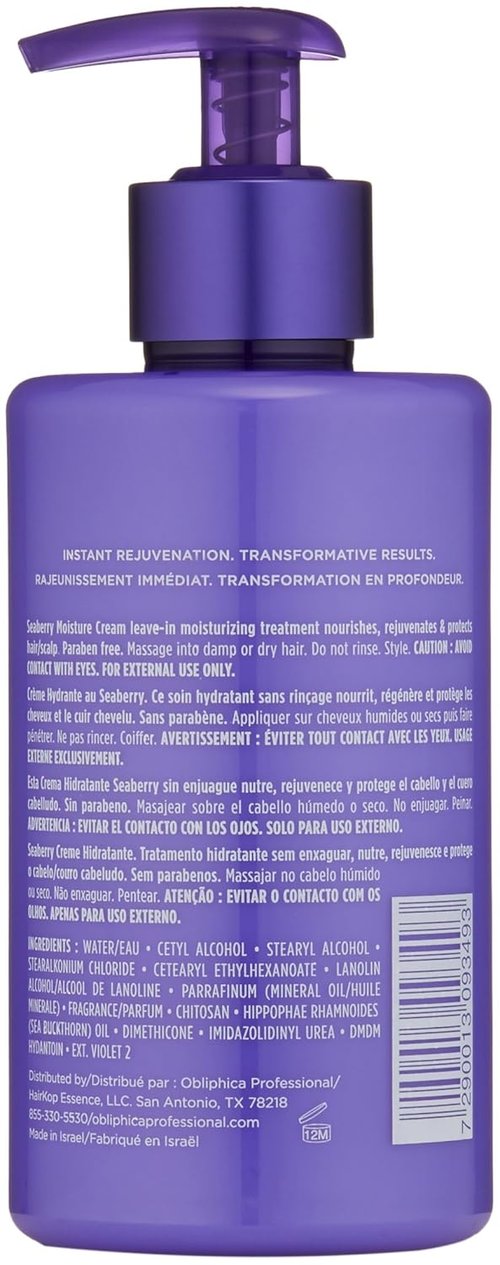 Obliphica Seaberry Leave-In Moisture & Styling Cream - Anti-Frizz Control for Normal & Damaged Hair - 10 Fl Oz