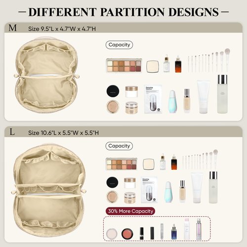 MSTONAL Travel Makeup Bag, Large Capacity Cosmetic Bags for Women, Waterproof Portable Pouch Open Flat Make up Organizer Bag with Dividers and Handle, Toiletry Bag for Essentials, Medium Size, Beige