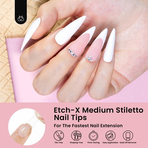 Beetles Gel Nail Tips Etch-X, Stiletto Medium, 288Pcs 12 Sizes, Pre-Etched Half Matte Full Cover Soft Acrylic False Nail Tips Pre-Shaped Easy DIY Fake Nail Extension Salon Gift for Women
