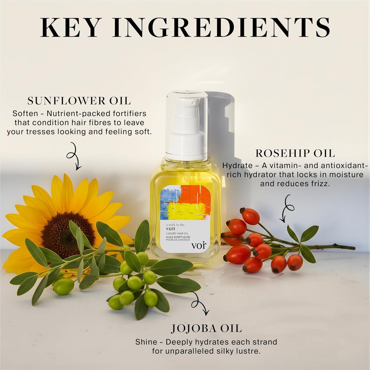 Voir Haircare Luxury Hair Oil - Deep Hydration for Dry, Damaged Hair - Smooths Frizz & Adds Shine | Lightweight with Rosehip, Sunflower & Jojoba Oils (2 Fl Oz)