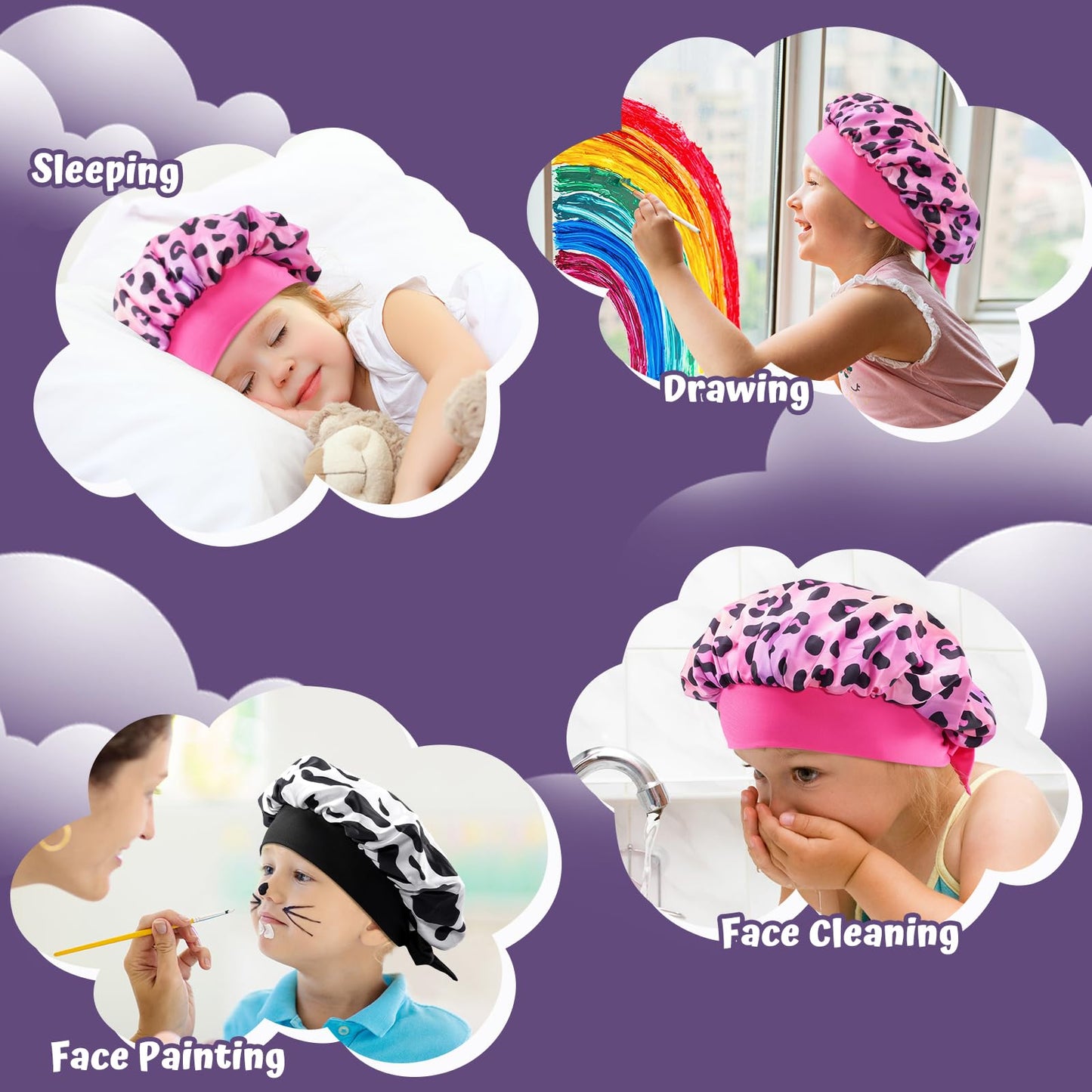 Lolalet 2 PCS Kids Bonnets for Girls, Reversible Silk Bonnet for Sleeping Satin Bonnet Cap with Wide Elastic Band -Cow & Leopard