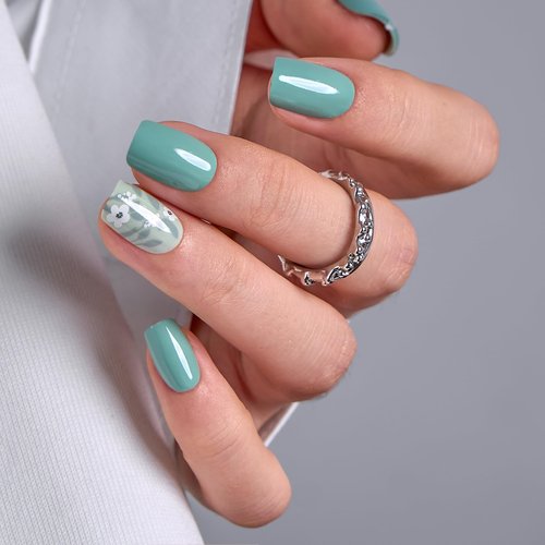 Curvlife Soft Gel Press on Nails with 30pcs Green Flower Design Full Cover Fake Nails for Women Reusable Nail Kit with Nail Glue Adhesive Tabs