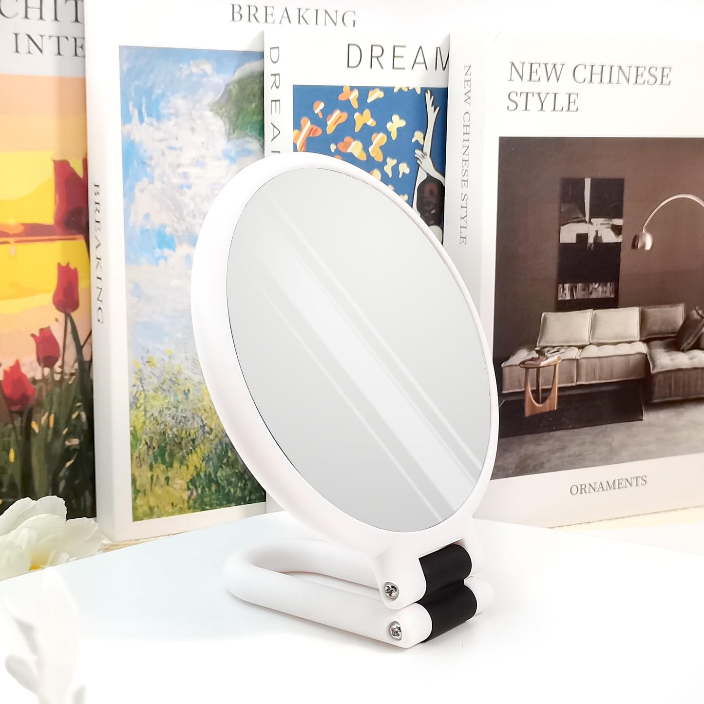 Novadex 1x 5X Magnifying Mirror, Handheld Hand Mirror with Handle, Travel Hand Held Vanity Mirror, Compact Double Sided Portable Magnification Small Make Up Mirrors for Precision Makeup (White)