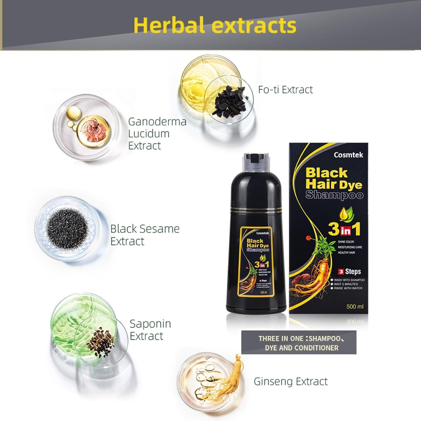 Skiennix Black Hair Dye Shampoo - Herbal Semi-Permanent Color for 100% Gray Coverage | 16.9 Fl Oz
