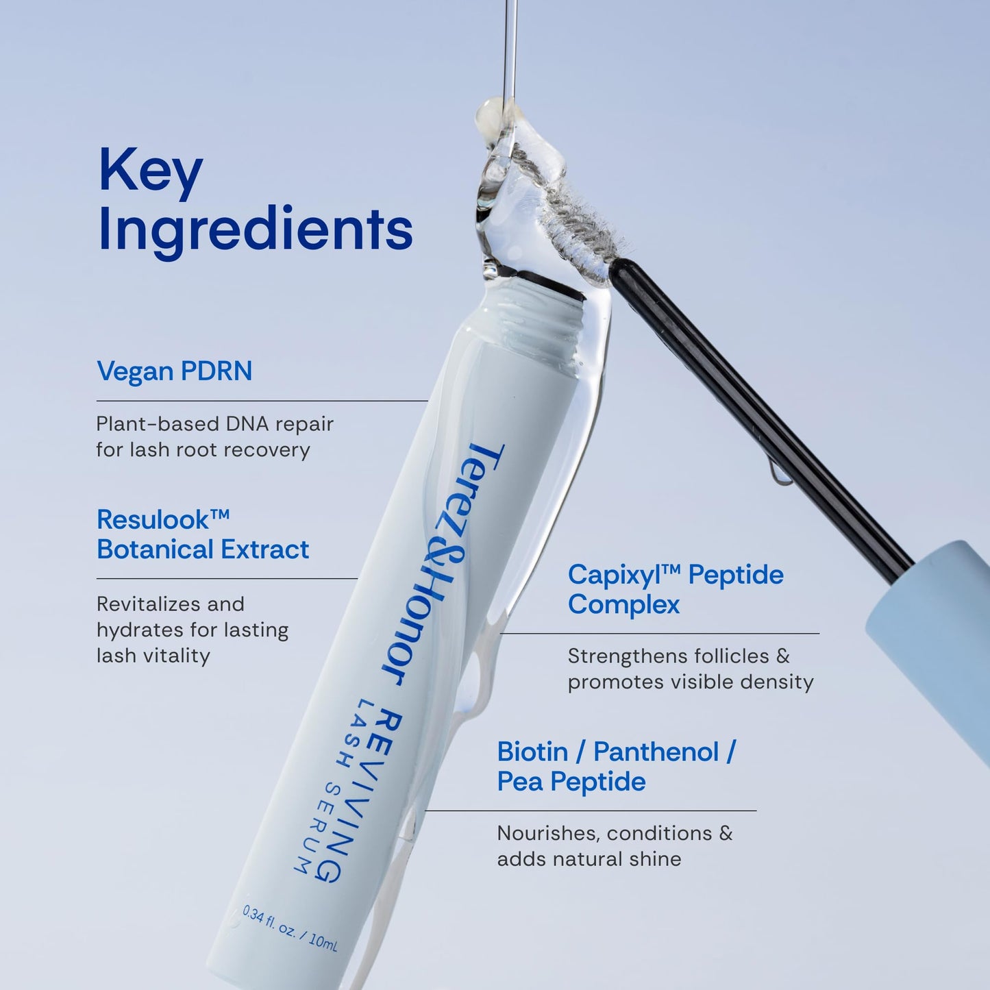 Terez & Honor REviving Lash Serum - Korean Vegan PDRN Lash Growth Serum for Longer, Fuller, Healthier Lashes - Peptide & Biotin Lash Conditioner for Root Strengthening - Clean, Gentle, Made in Korea