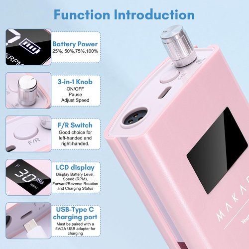 Makartt Cordless Electric Nail Drill, 30,000RPM E File for Acrylic & Gel Removal, 8.5H Battery, Quiet, LCD Display, Portable Nail Drill for Beginners & Nail Techs, Perlarie Pearly Pink