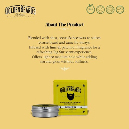 Golden Beards Organic Beard Balm Big Sur - Shea, Cocoa & Argan Butter Blend | Vegan Beard Softener & Styling Balm - 60ml
