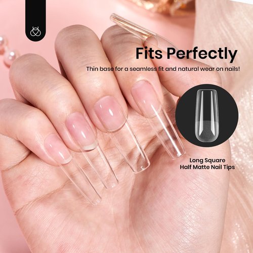 Beetles Gel Nail Tips Long Square 12 Sizes, 288Pcs Pre Shaped Half Matte Press On Nails Gelly Tips False Nails for Gel Nail DIY Art Nail Extensions Acrylic Nails Gift